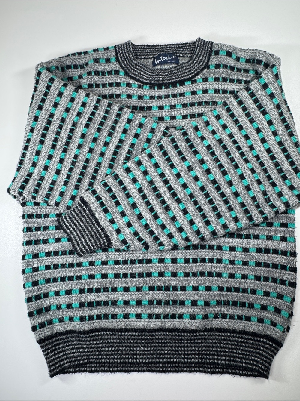 Interim Sweater Men’s Medium 90s Coogi Style Textured Gray Black Teal Unisex